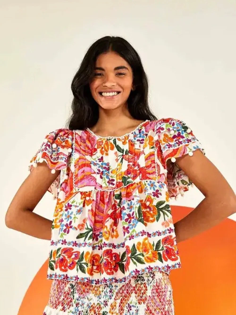 FARM RIO Spring Bananas pintuck blouse with vibrant floral print size Large - Picture 1 of 8